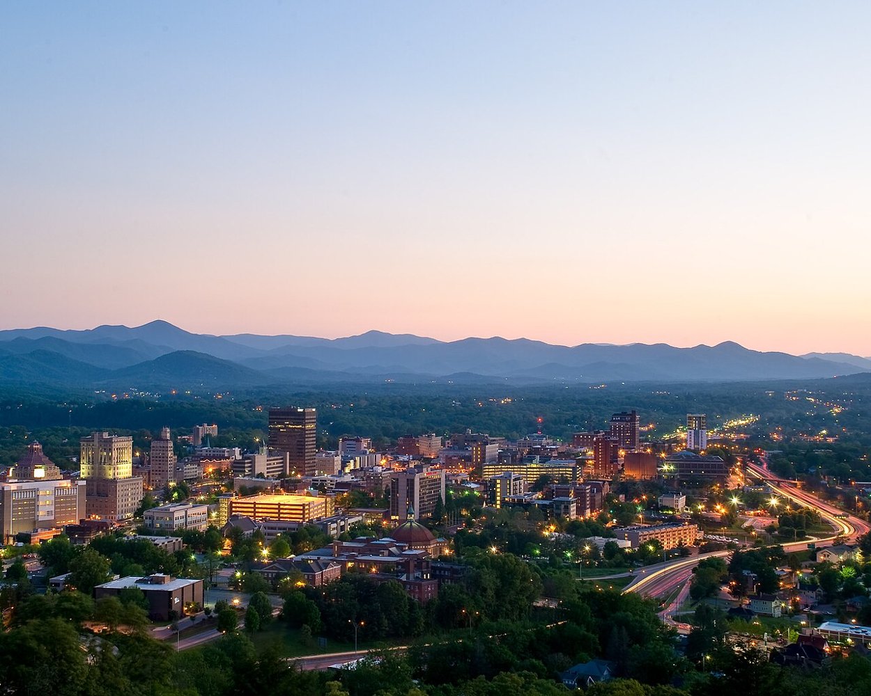 Downtown Asheville at dusk