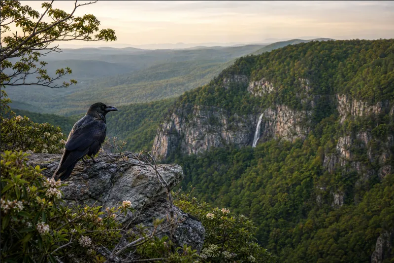 Raven on a rocky ledge overlooking a forested mountain valley and waterfall